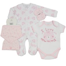 M15916: Baby Pink "I Love Mummy" 5 Piece Mesh Bag Gift Set (0-9 Months)